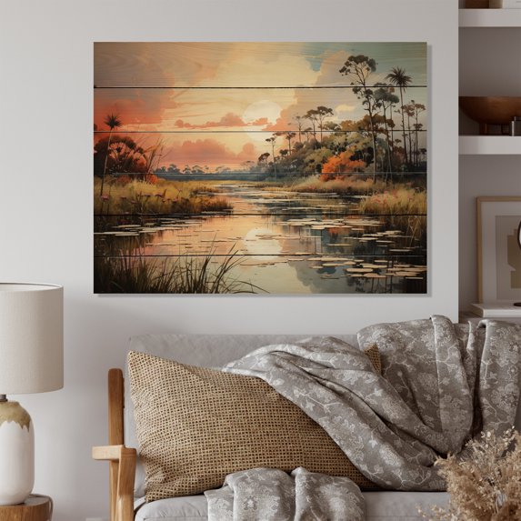 Designart "Everglades National Park Peach Forest" Landscapes Print on Natural Pine Wood