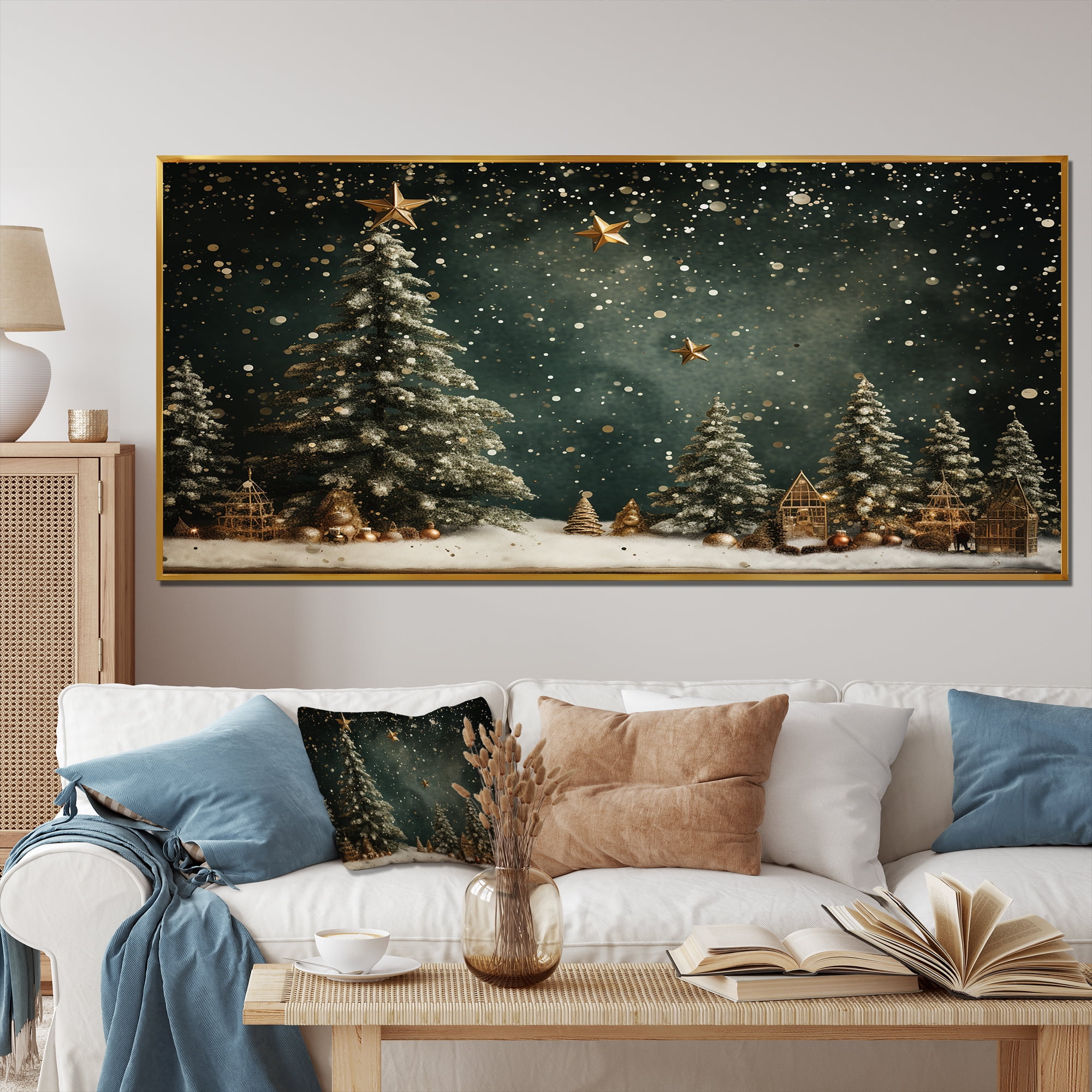 Framed Christmas Tree Wall Art - Black & White Pine Forest Canvas Print 12x16 Inch Ready To Hang