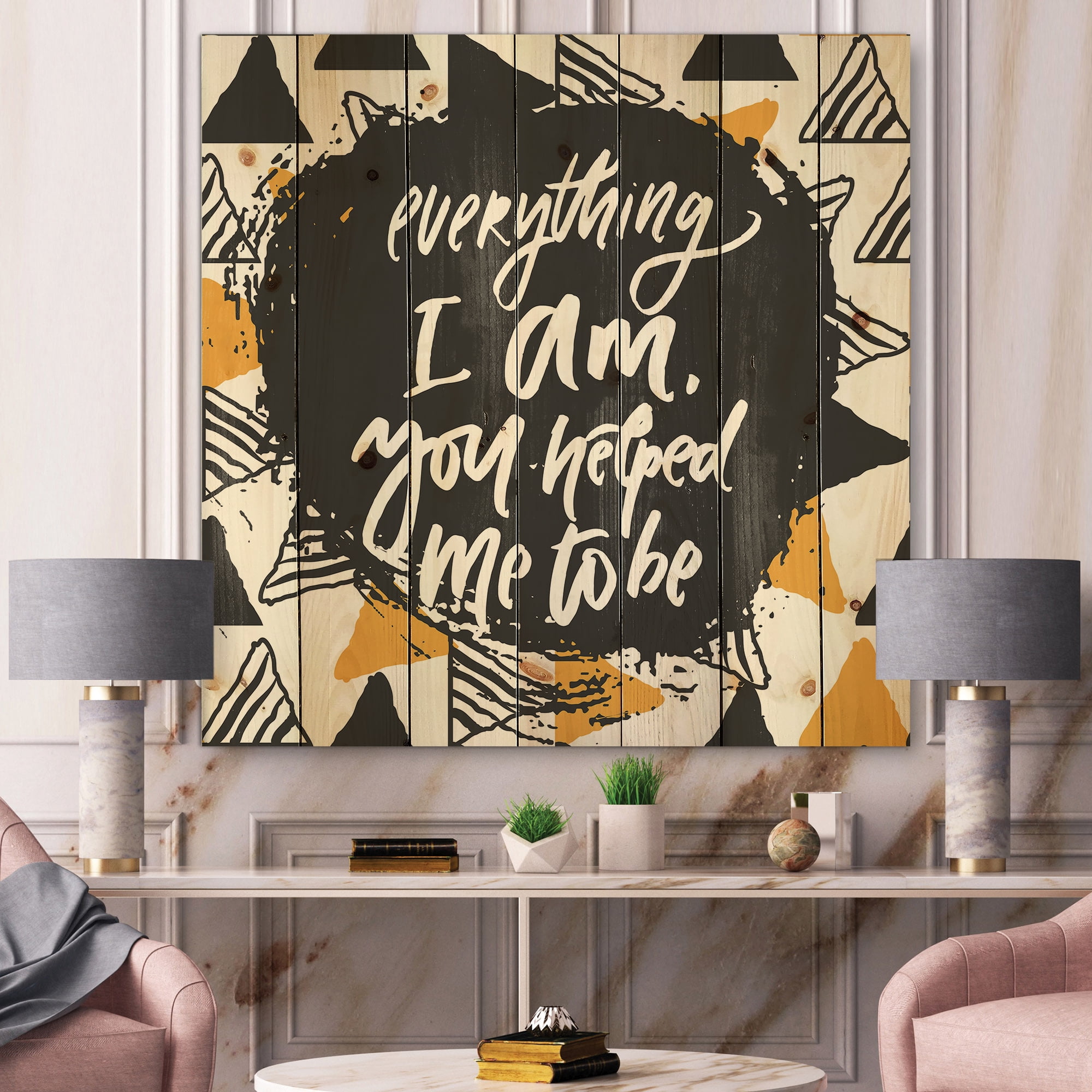 Designart 'Everything I Am You Helped Me To Be On Triangle Pattern' Mid-Century Modern Print on Natural Pine Wood