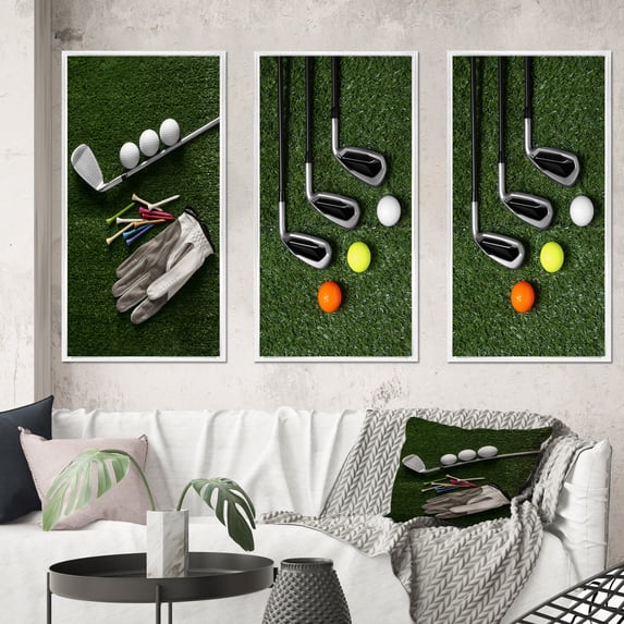 Designart "Excellent Golf Set Swing III" Sports Framed Wall Art Set Of 3 - Green Golf Frame Canvas Set For Living Room Decor