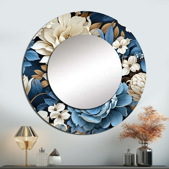 Designart "Exotic Blue White Floral Tapestry I" Floral Blue Large Round Mirror - Round Bedroom Mirror Wall Decor - Cottage Round Printed Mirror - 23" x 23"