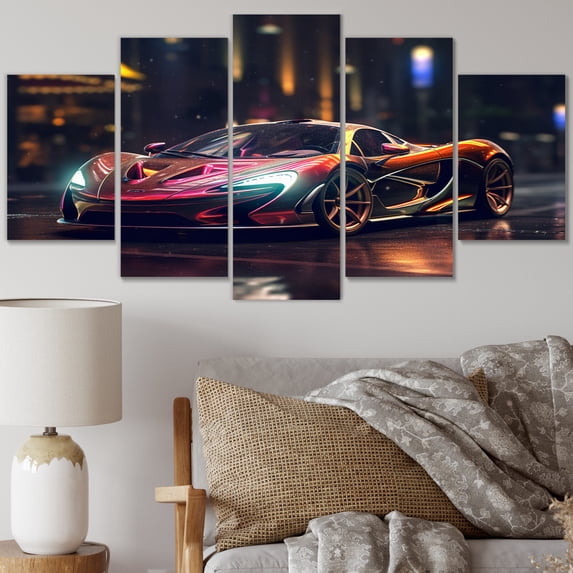 Designart "Exotic Car in the Neon-Lit Streets I" Neon Car Art Living Room Set