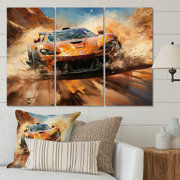 Designart "Exotic Car on Offroad in Orange II" Muscle Car Metal Wall Art Set