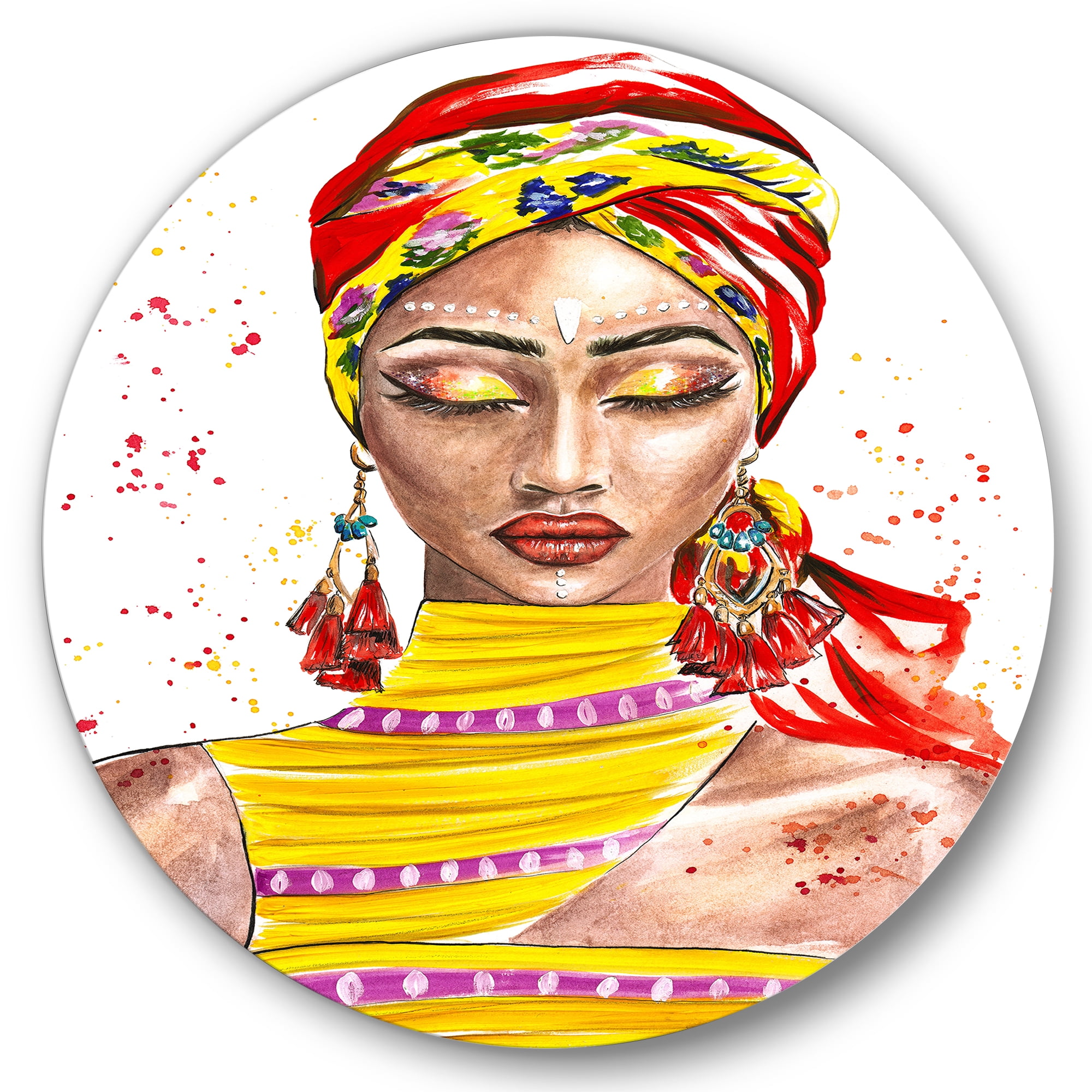 Designart 'Exotic Colorful Portrait of Afro American Woman' Traditional Circle Metal Wall Art 23x23 - Disc of 23