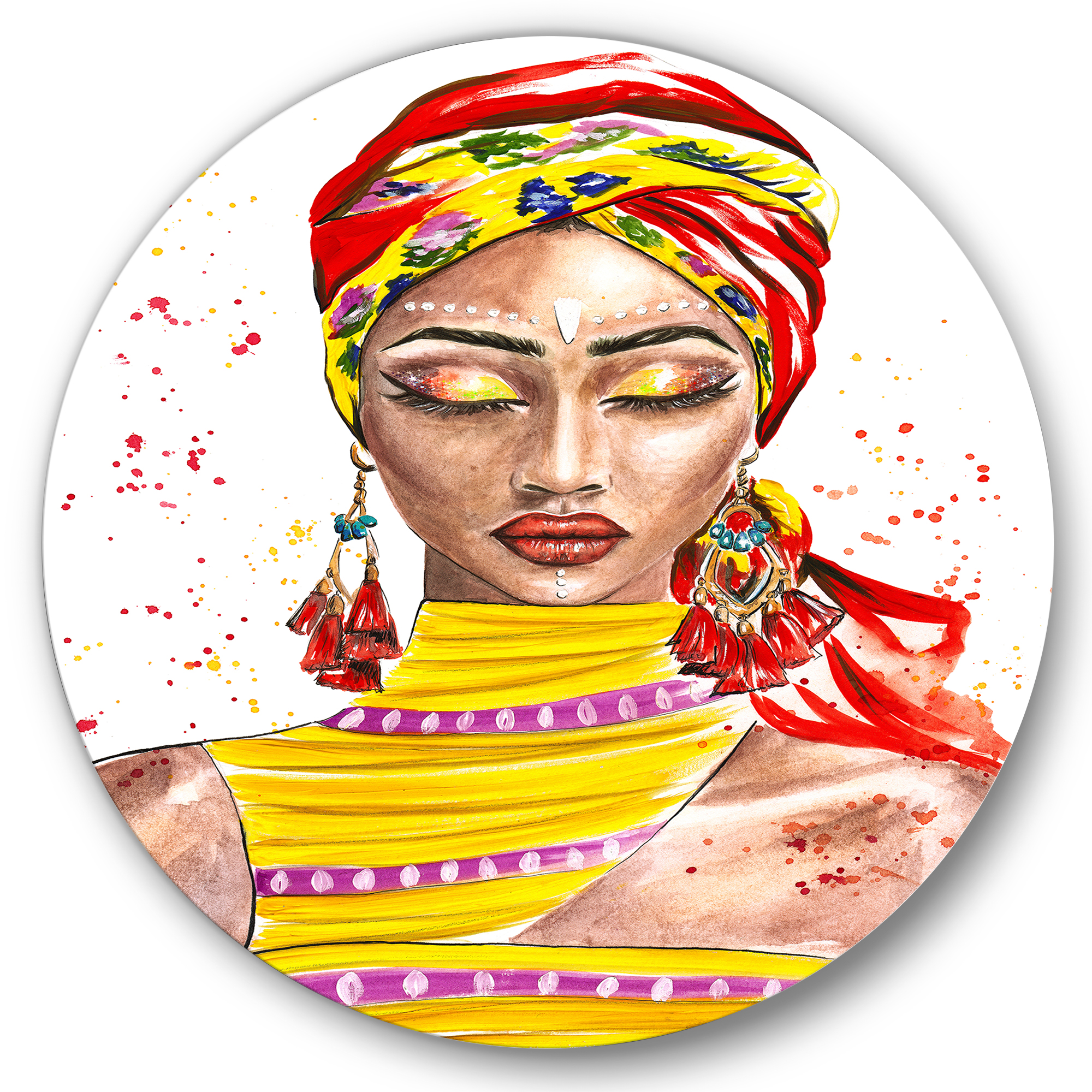 Designart 'Exotic Colorful Portrait of Afro American Woman' Traditional Circle Metal Wall Art 29x29 - Disc of 29