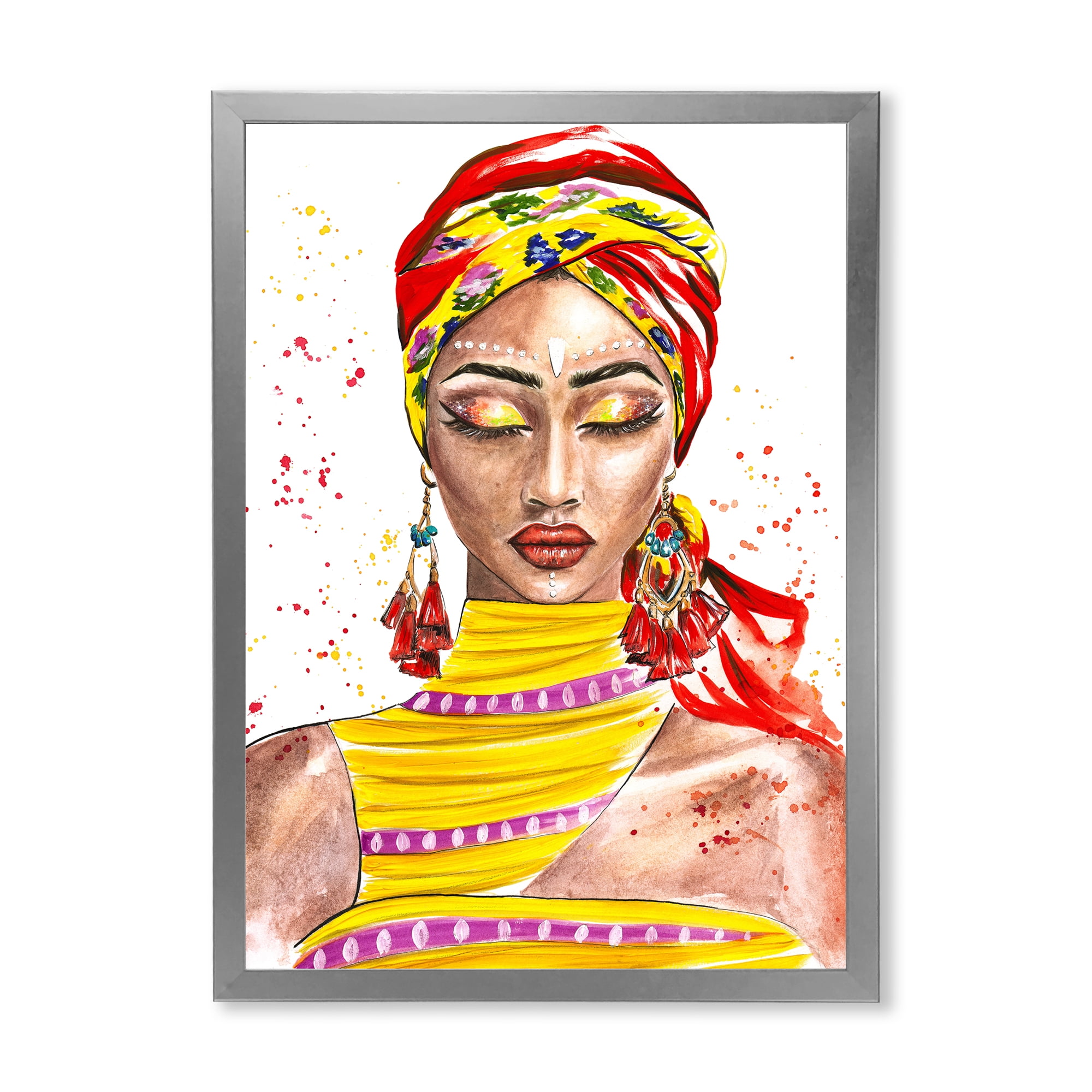 Designart 'Exotic Colorful Portrait of Afro American Woman' Traditional Framed Art Print