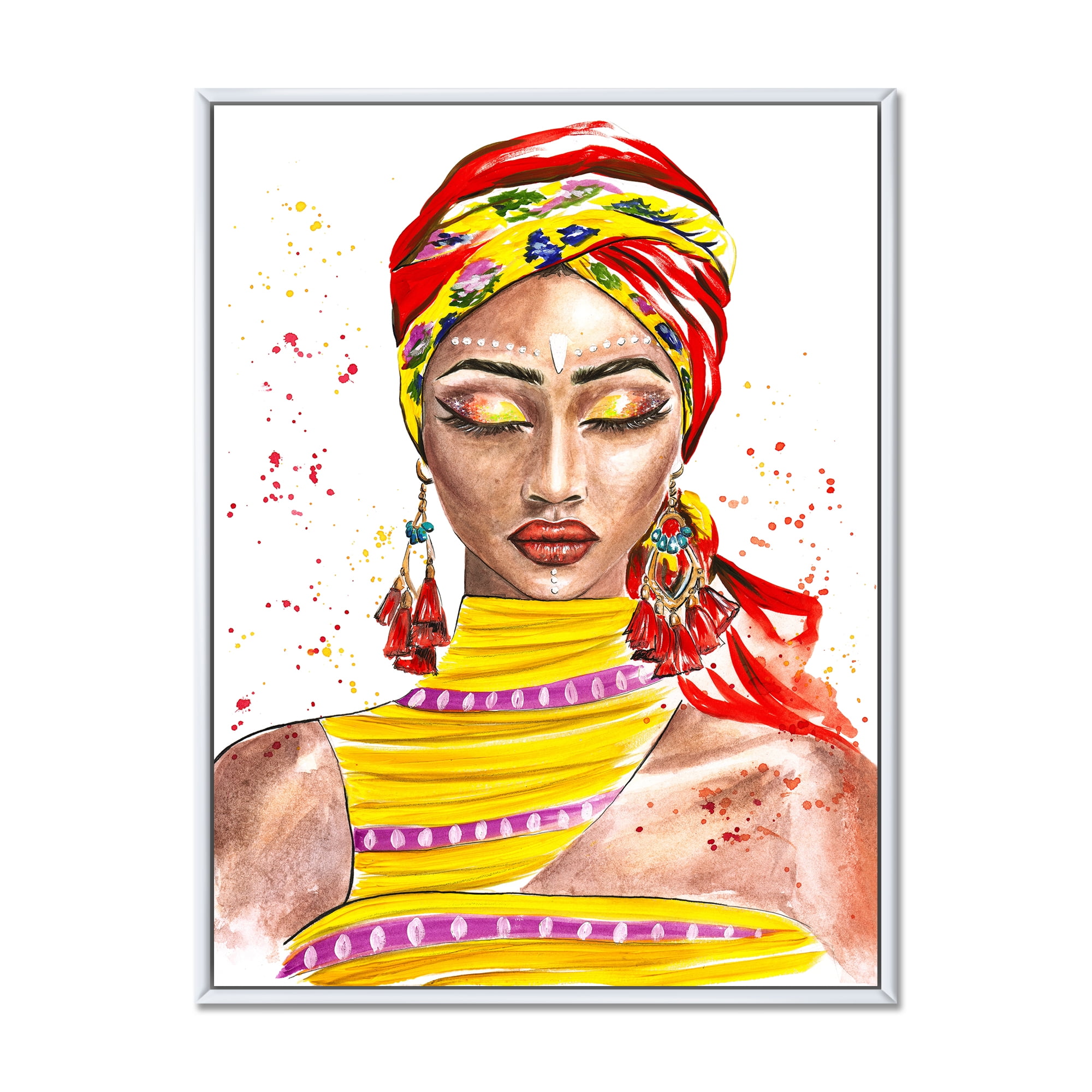Designart 'Exotic Colorful Portrait of Afro American Woman' Traditional Framed Canvas Wall Art Print