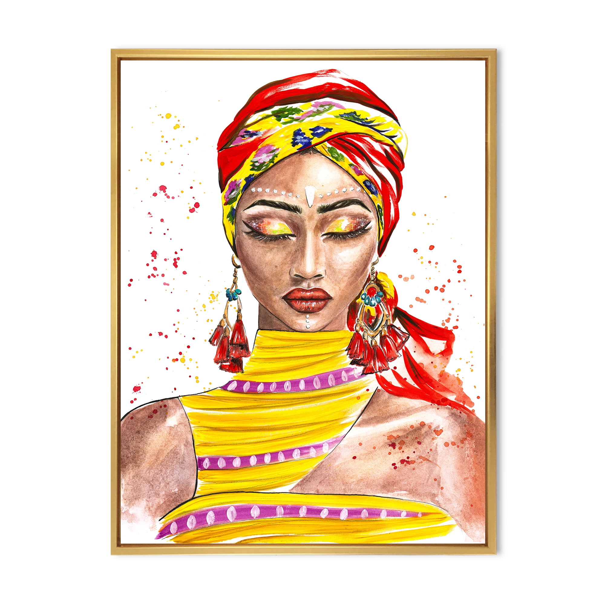 Designart 'Exotic Colorful Portrait of Afro American Woman' Traditional Framed Canvas Wall Art Print