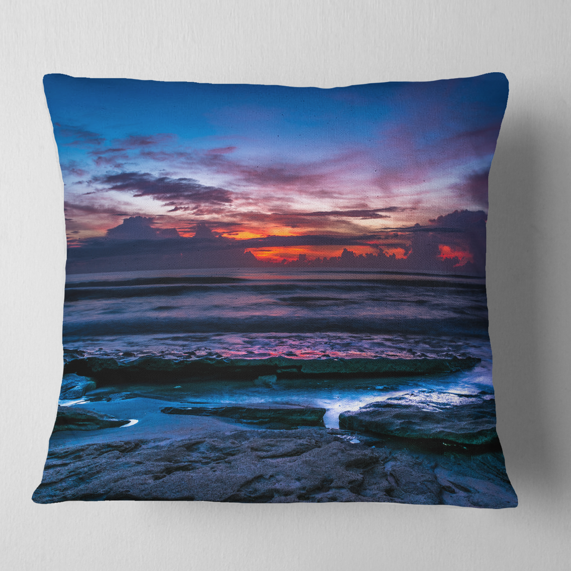 Designart Exotic Dark Blue Coquina Dawn - Beach Photo Throw Pillow - 18x18