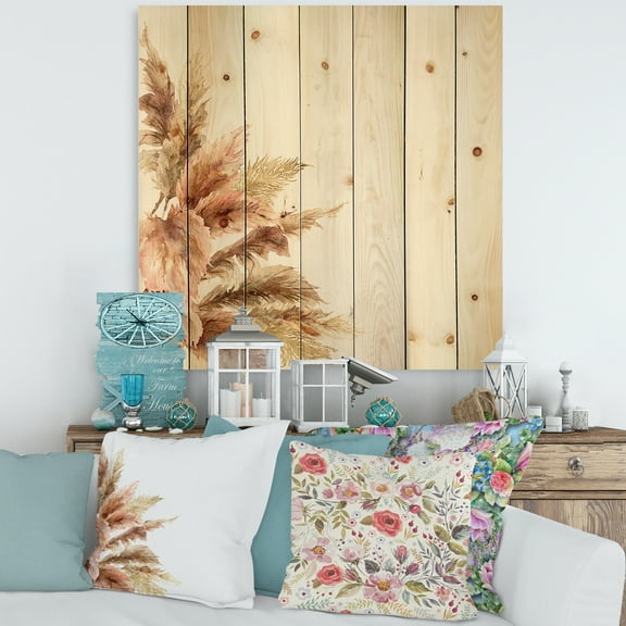 Designart 'Exotic Dry Pampas Grass On White Background' Traditional Print on Natural Pine Wood
