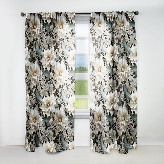 Designart "Exotic Floral Pattern In Grey And White I" Floral Room Darkening Curtain Single Panel