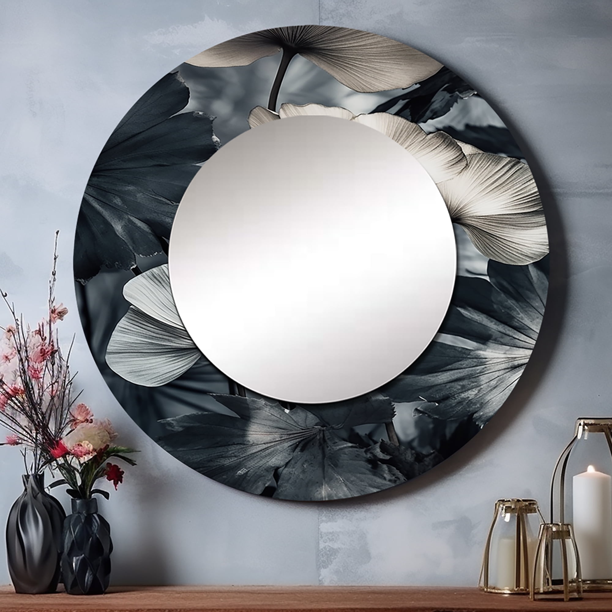 Designart "Exotic Ginkgo Leaf Oasis I" Floral Leaves Round Mirror Wall