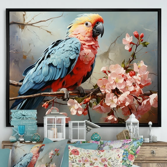 Designart "Exotic Grace In Blue Parrots I" Parrot Floater Framed Wall Art Prints