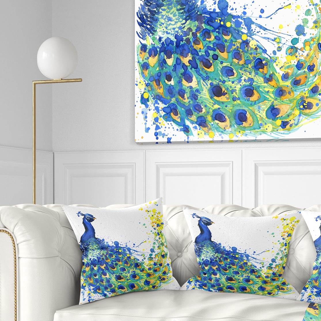 Designart Exotic Peacock Watercolor - Contemporary Animal Throw Pillow - 16x16