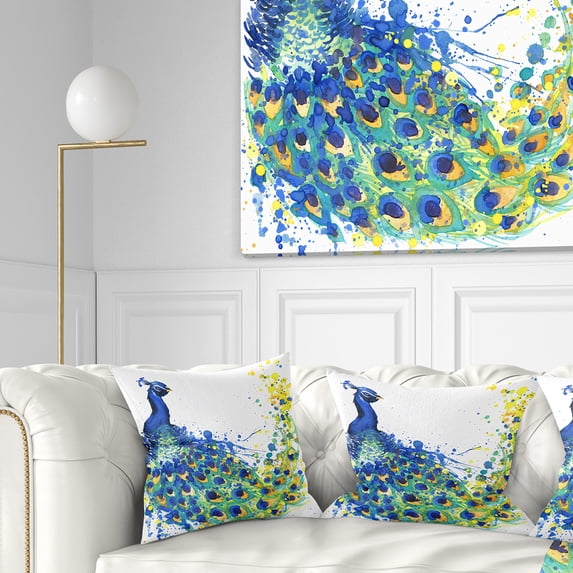 Designart Exotic Peacock Watercolor - Contemporary Animal Throw Pillow - 16x16