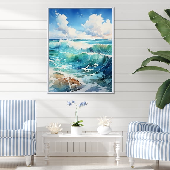 Designart "Exotic Shore Wave Blend" Beach Floater Framed Canvas Wall Art