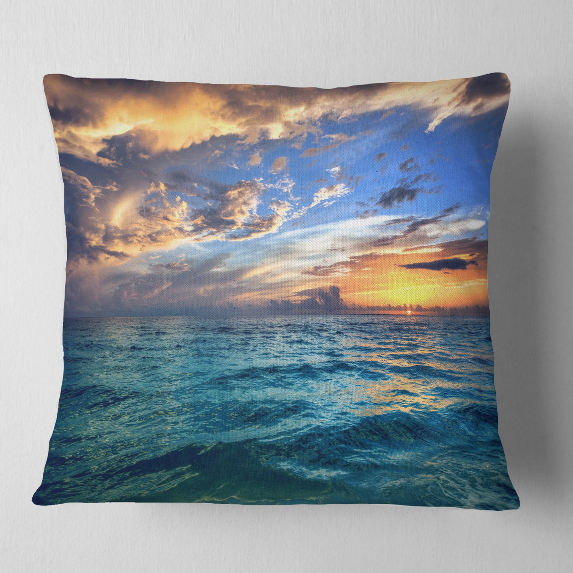 Designart Exotic Tropical Beach at Sunset - Modern Seashore Throw Pillow - 16x16