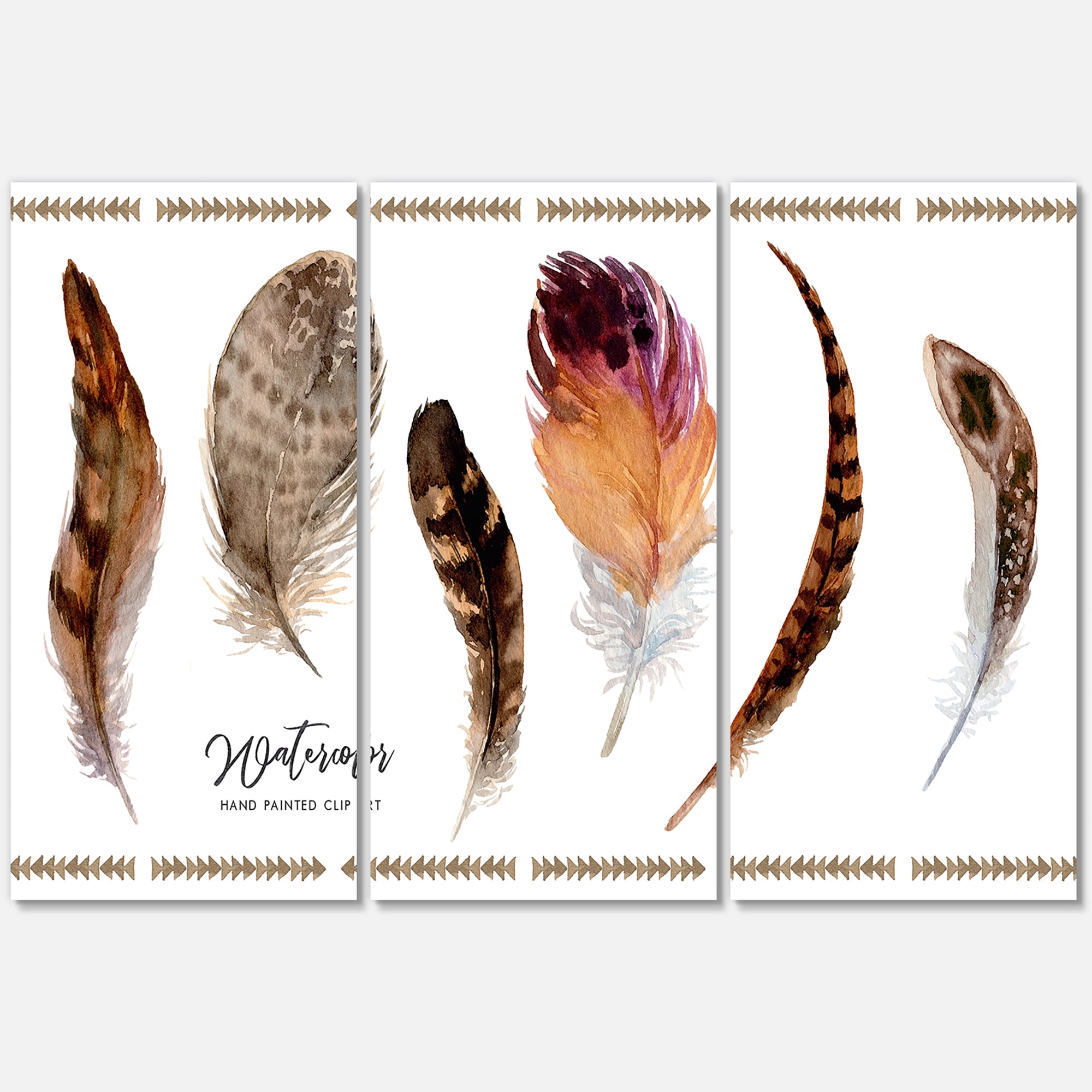 Designart ' Exotic Vibrant Boho Watercolor Feathers ' Bohemian & Eclectic Canvas Wall Art Print