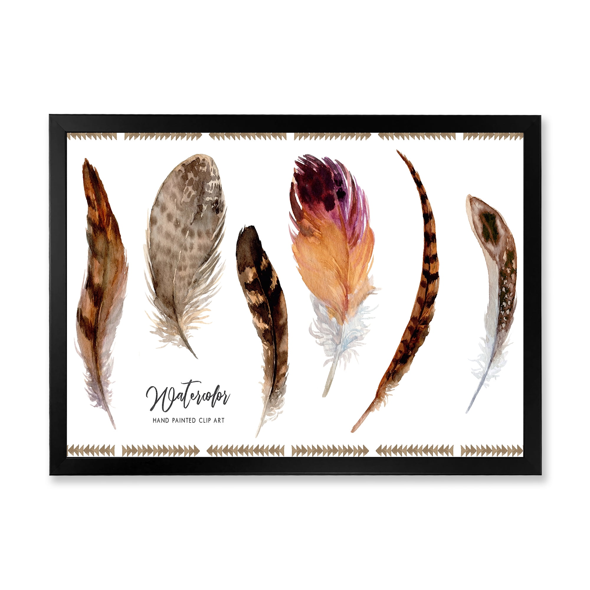Designart 'Exotic Vibrant Boho Watercolor Feathers' Bohemian & Eclectic Framed Art Print