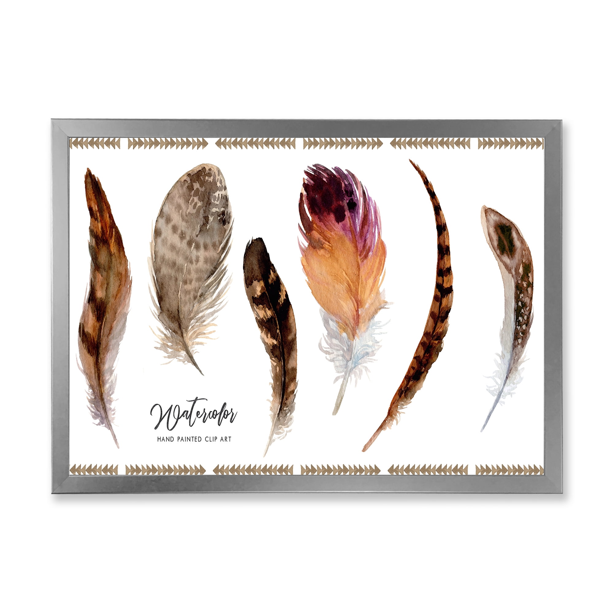 Designart 'Exotic Vibrant Boho Watercolor Feathers' Bohemian & Eclectic Framed Art Print