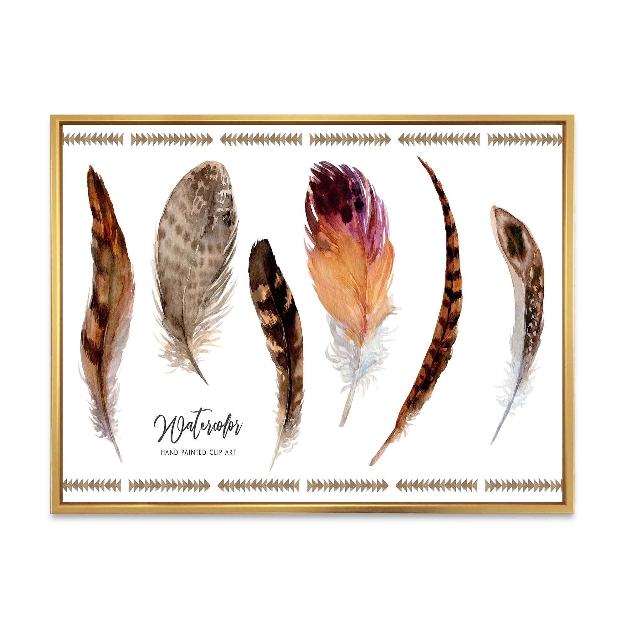 Designart 'Exotic Vibrant Boho Watercolor Feathers' Bohemian & Eclectic Framed Canvas Wall Art Print