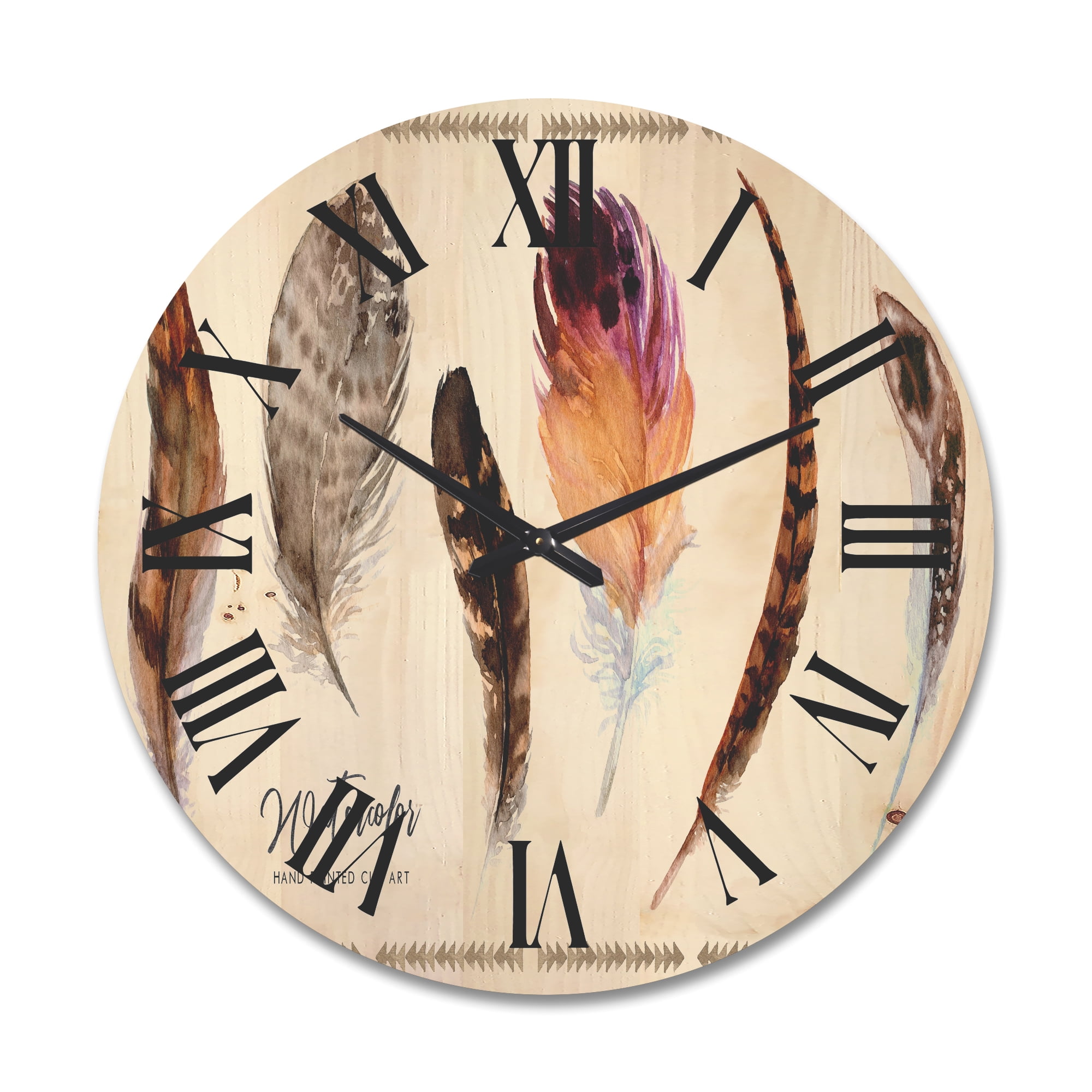 Designart 'Exotic Vibrant Boho Watercolor Feathers' Bohemian & Eclectic Wood Wall Clock