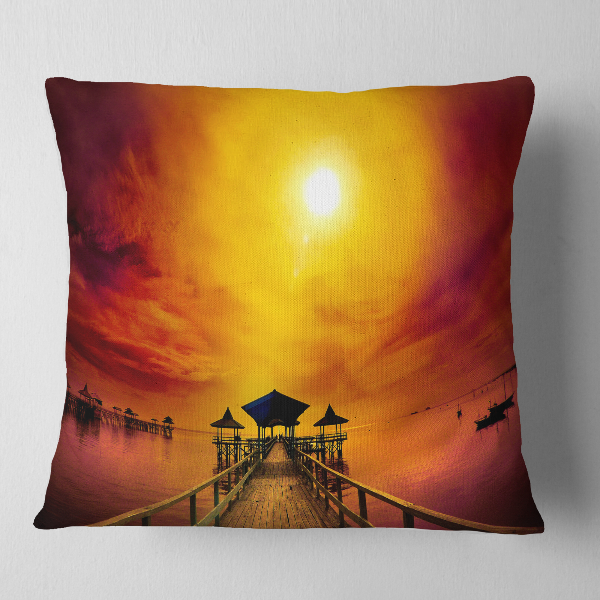 Designart Exotic Wood Pier under Yellow Sun - Sea Bridge Throw Pillow - 18x18