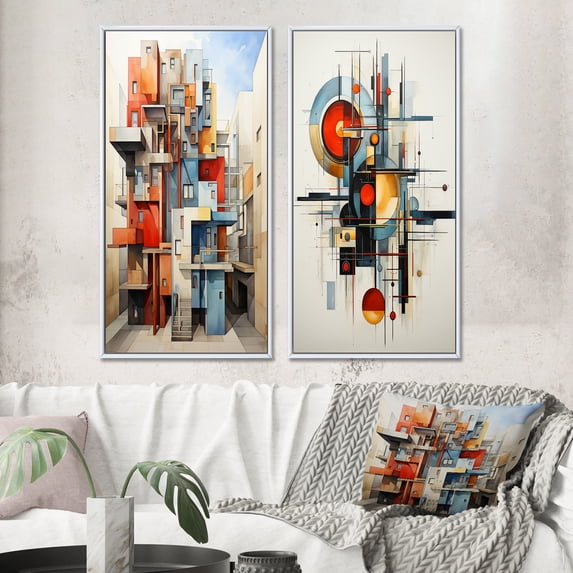 Designart "Exploration Systematic Constructivism Geometric painting" Constructivism Framed Wall Art Set Of 2 - Multi-Color Abstract Frame Gallery Set For Office Decor
