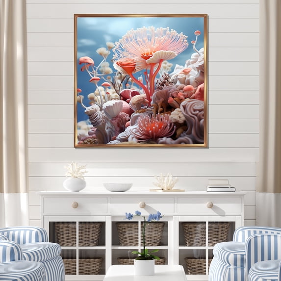 Designart "Explorations of Pink Coral Reef" Animals Framed Wall Art - Pink Coral Entryway Framed Wall Art