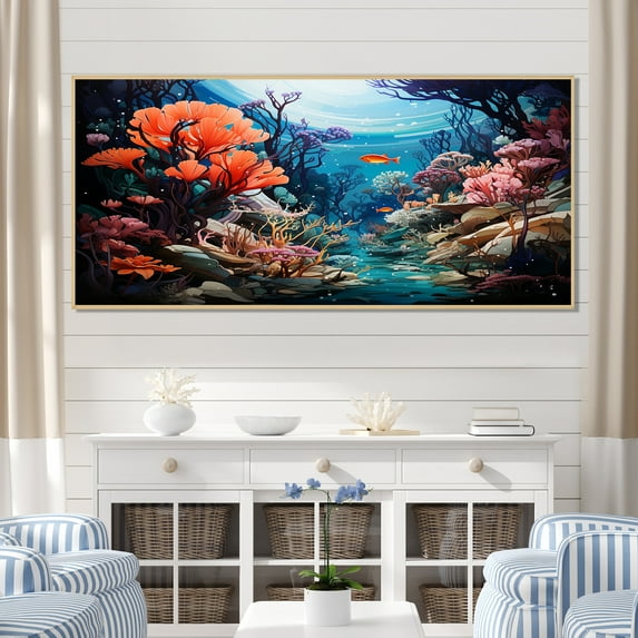 Designart "Exploring Coral Reefs of Cozumel I" Extra Large Animals Framed Wall Art - Coastal Blue Coastal Coral Under Water Entryway Framed Wall Art