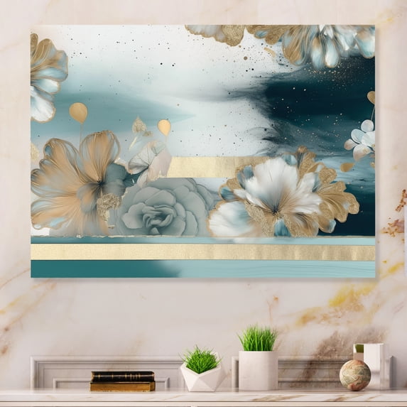 Designart "Exploring Floral Forms Blue and Gold V" Abstract Floral Metal Wall Art
