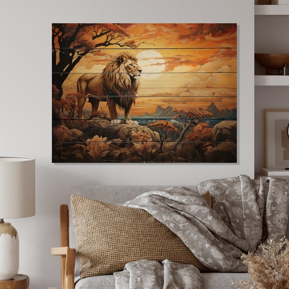 Designart "Exploring a Surrealistic Savannah with Lions II" Animals Print on Natural Pine Wood