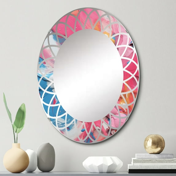 Designart "Explosions of Color in Pink and Orange II" Abstract Round Wall Mirror - Modern Oval Printed Decorative Oversized Mirror - Multiple Color Options