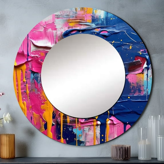 Designart "Explosions Of Color Pink Blue Burst" Abstract Rund Mirror For Wall Decor - Large Pink Round Printed Mirror - Glam Round Mirror 23" x 23" Inch
