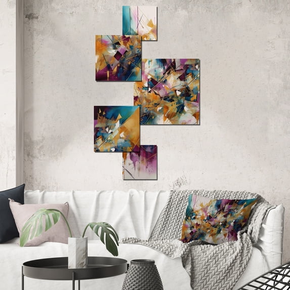 Designart "Explosive Gold Triangular Elegance I" Modern Geometric Metal Art Living Room Set