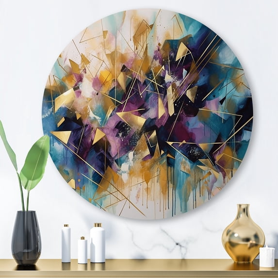 Designart "Explosive Gold Triangular Elegance II" Modern Geometric Metal Round Wall Art