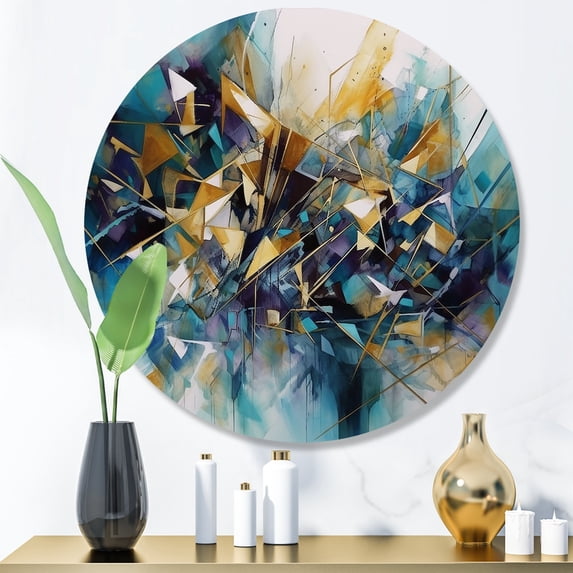 Designart "Explosive Gold Triangular Elegance III" Modern Geometric Metal Round Art Print