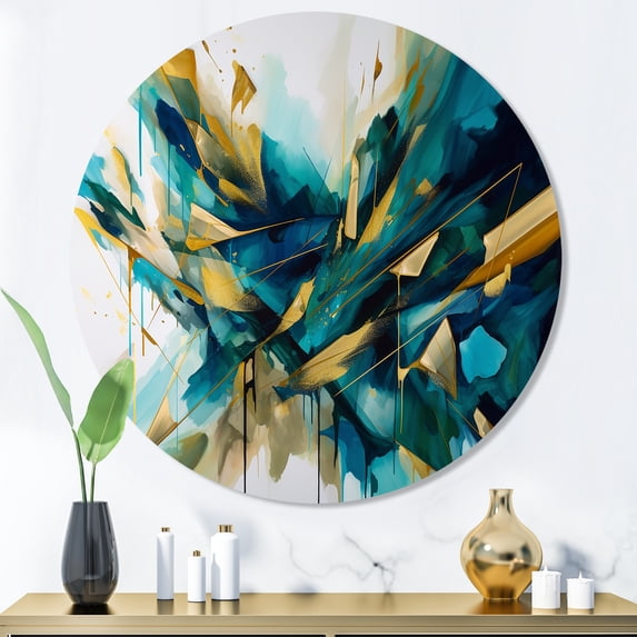 Designart "Explosive Gold Triangular Elegance VII" Modern Geometric Metal Round Wall Art Prints