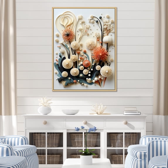 Designart "Expressing Deep Marine Beauty In White And Peach Tones" Coastal Coral Under Water Floater Framed Wall Art Living Room