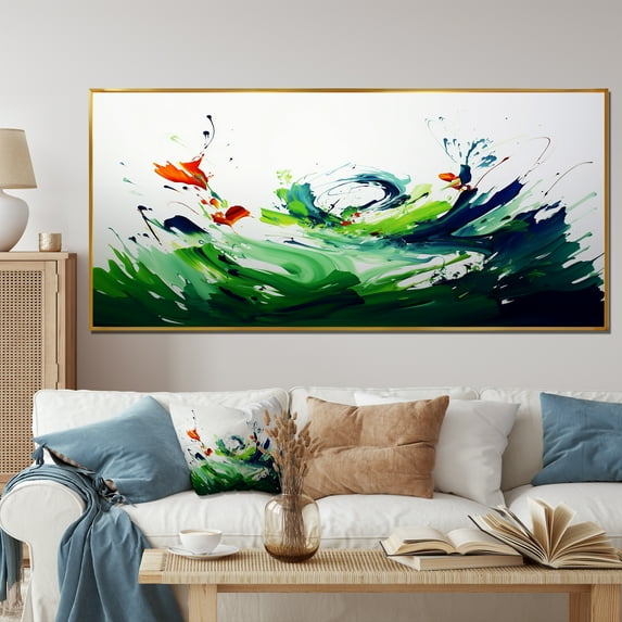 Designart "Expression of Green and White Abstract Ink I" Extra Large Abstract Framed Wall Art - Modern White Abstract Painting Entryway Framed Wall Art