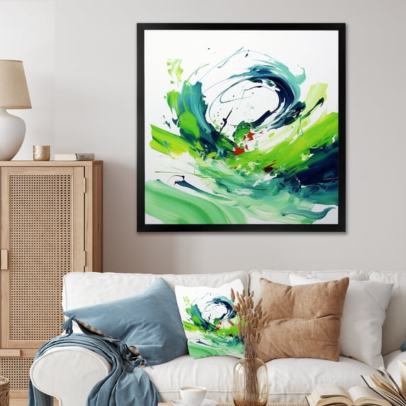 Designart "Expression of White and Green Abstract Ink II" Abstract Framed Wall Art Decor - Modern Green Abstract Painting Living Room Framed Canvas Art