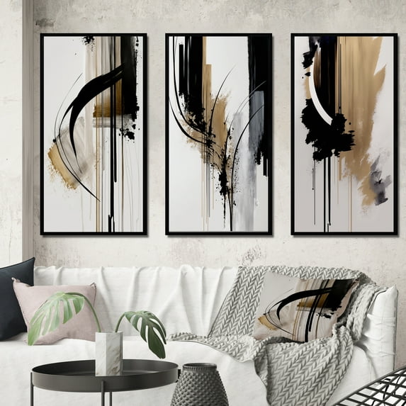 Designart "Expression in Black, White, and Gold I" Abstract Framed Wall Art Set Of 3 - Black Modern Frame Gallery Wall Set For Home Decor