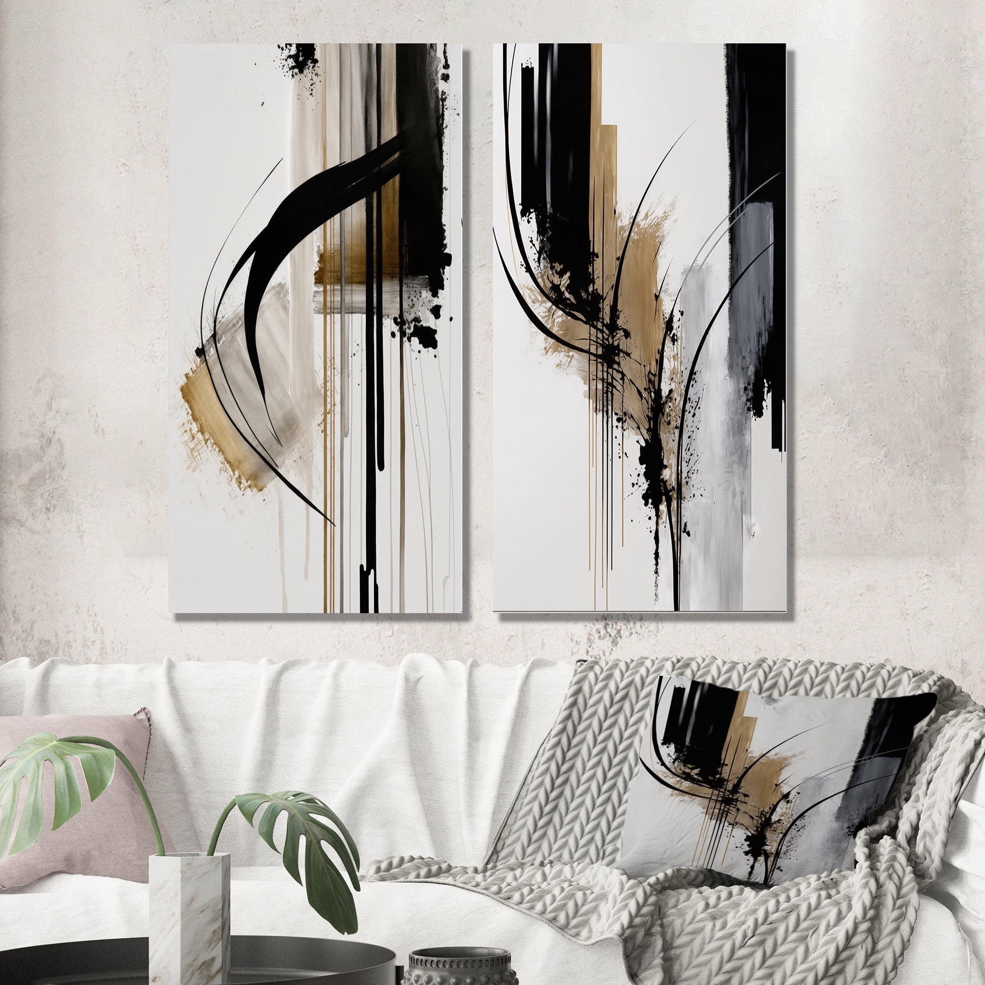 Modern Abstract Black, White, and Gold Canvas Wall Art Set