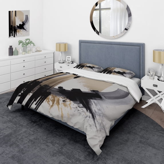 Designart "Expression in Black, White, and Gold IV" Abstract Bedding Covert Set - Modern Black Geometric Bed Set With 2 Shams