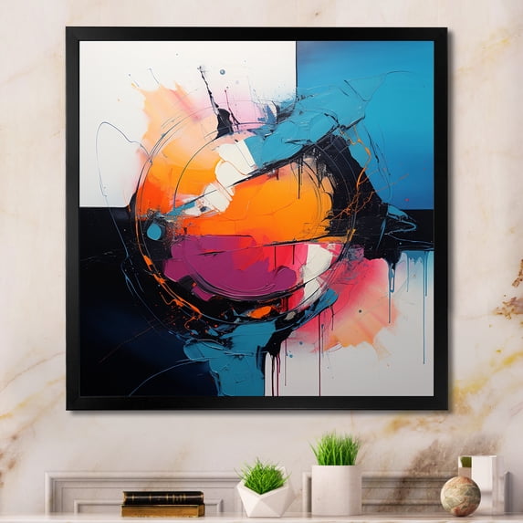 Designart "Expression of Blue and Pink Paint Ink V" Abstract Framed Wall Art Decor - Modern Pink Abstract Fractal Hallway Framed Wall Art Decor