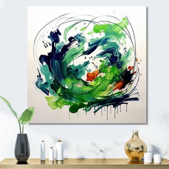 Designart "Expression of Green and White Abstract Ink III" Abstract Wall Art - Modern Green Abstract Painting Entryway Wall Art Print
