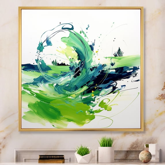 Designart "Expression of White and Green Abstract Ink I" Abstract Framed Wall Art - Green Abstract Painting Hallway Framed Wall Art Decor