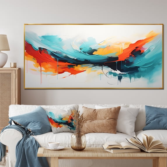 Designart "Expressionism in Colorful Abstract III" Extra Large Abstract Framed Wall Art - Modern Blue Abstract Painting Entryway Framed Wall Art