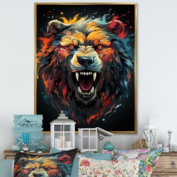 Designart "Expressionist Grizzly Bear Representation II" Animals Bear Floater Framed Wall Decor