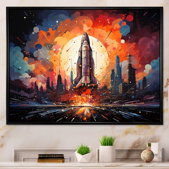 Designart "Expressionistic Launch Flare I" Rocketship Floater Framed Canvas Wall Art